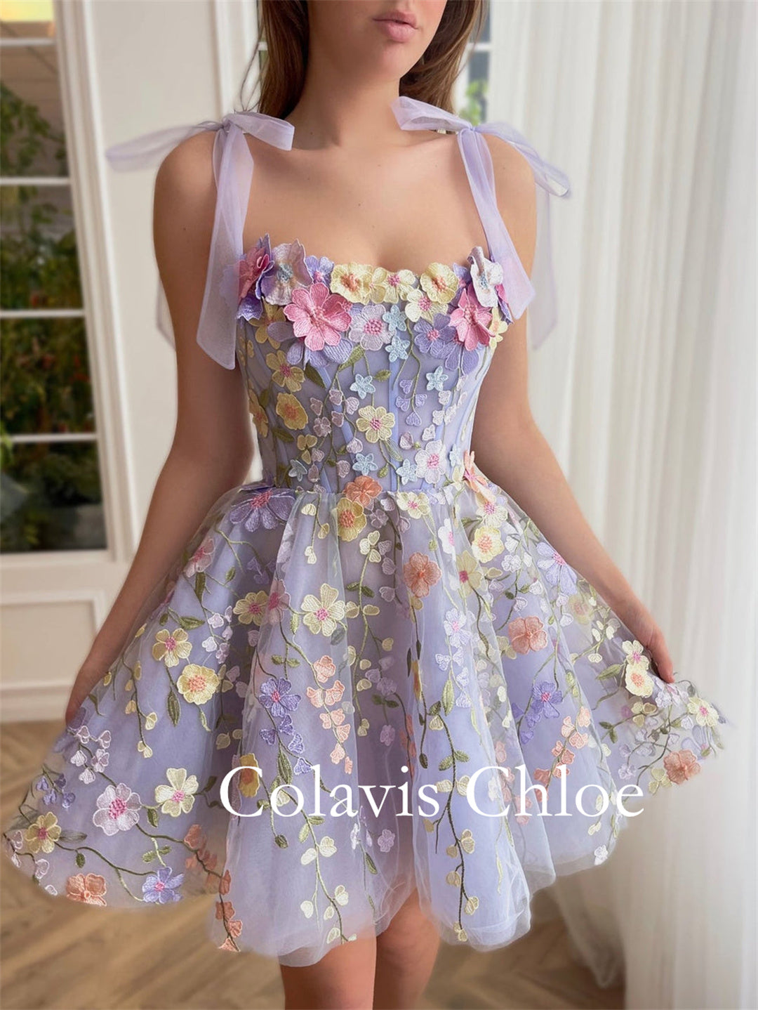 A-Line Lilac Short Homecoming Dress with 3D Flowers