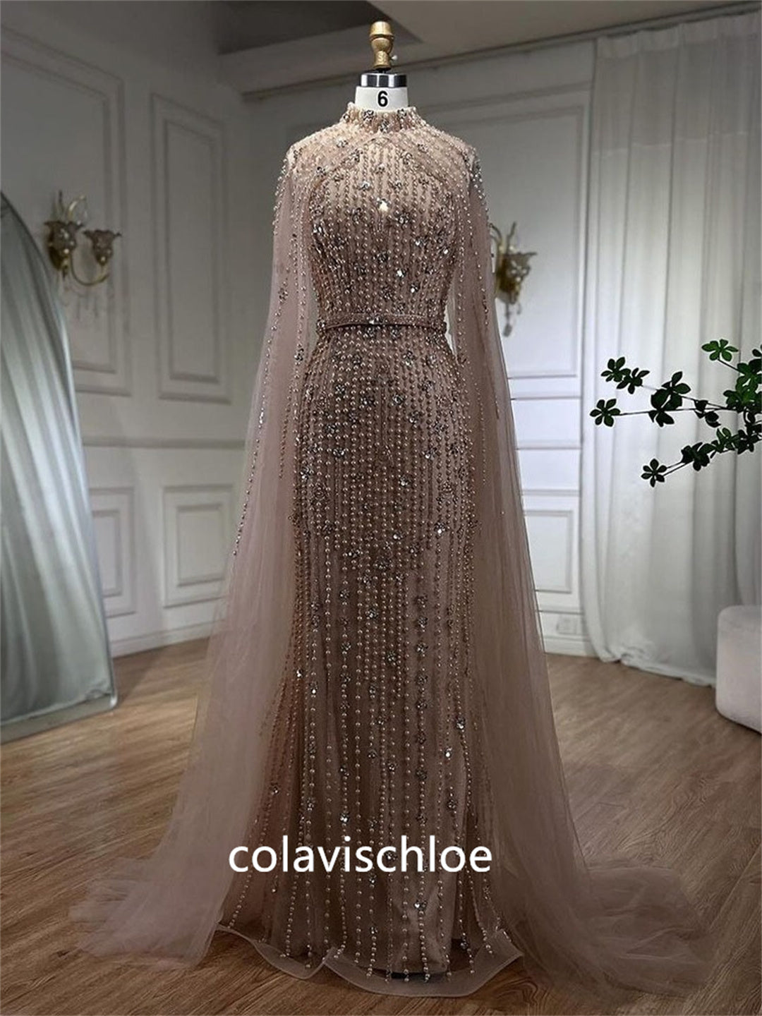 Luxury High Neck Beading Slit Mermaid Prom Dress with Cape Sleeves