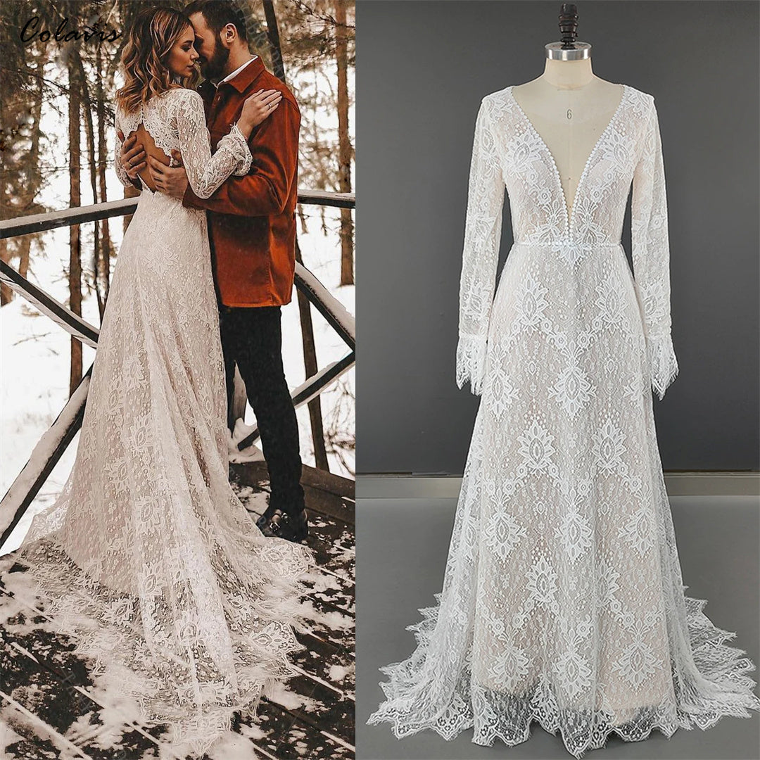 Long Sleeves Boho Floral Lace V Neck Outdoor Wedding Dress Elopement