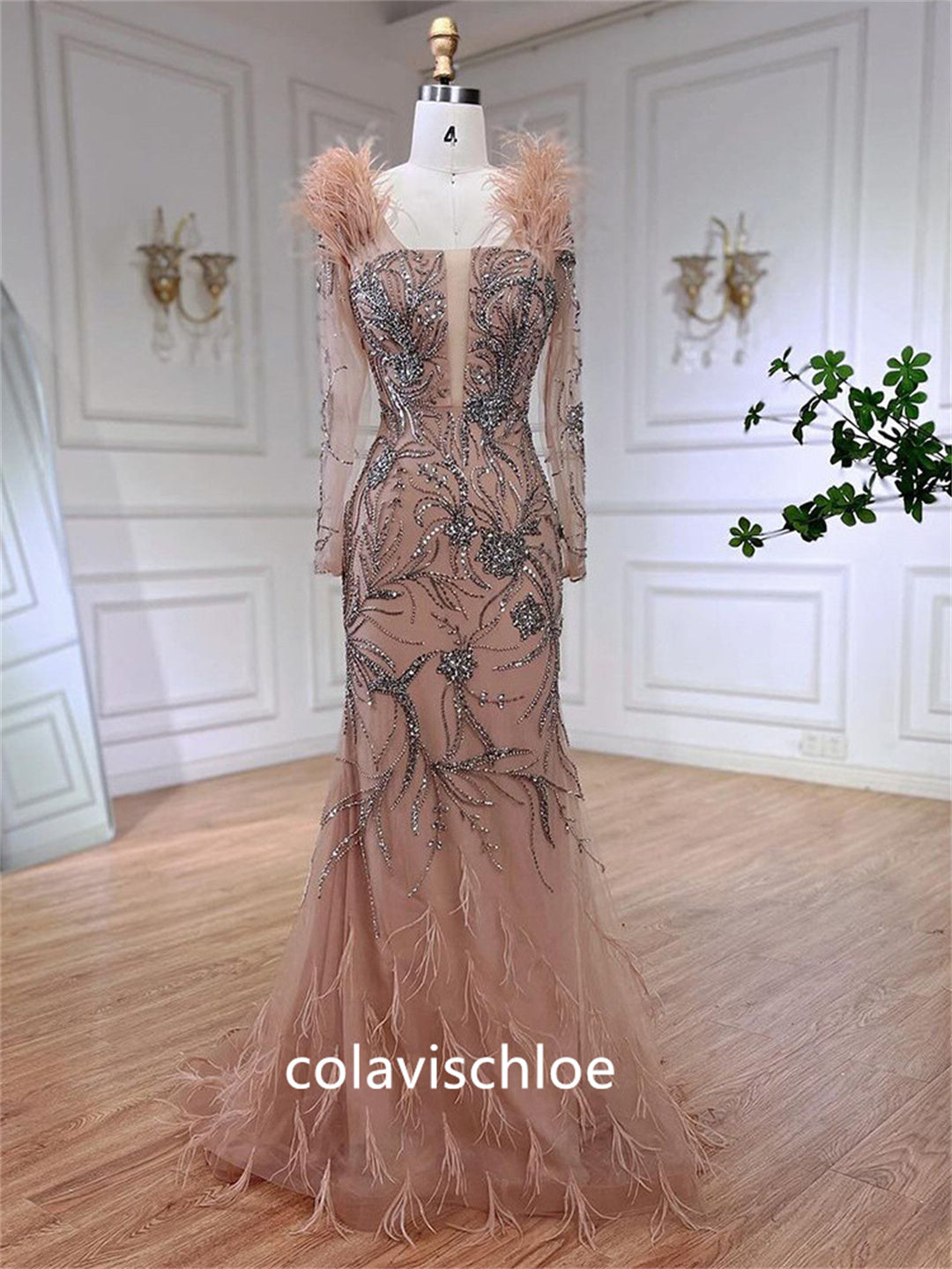 Luxury Square Neck Feathers Beading Champagne Mermaid Prom Dress