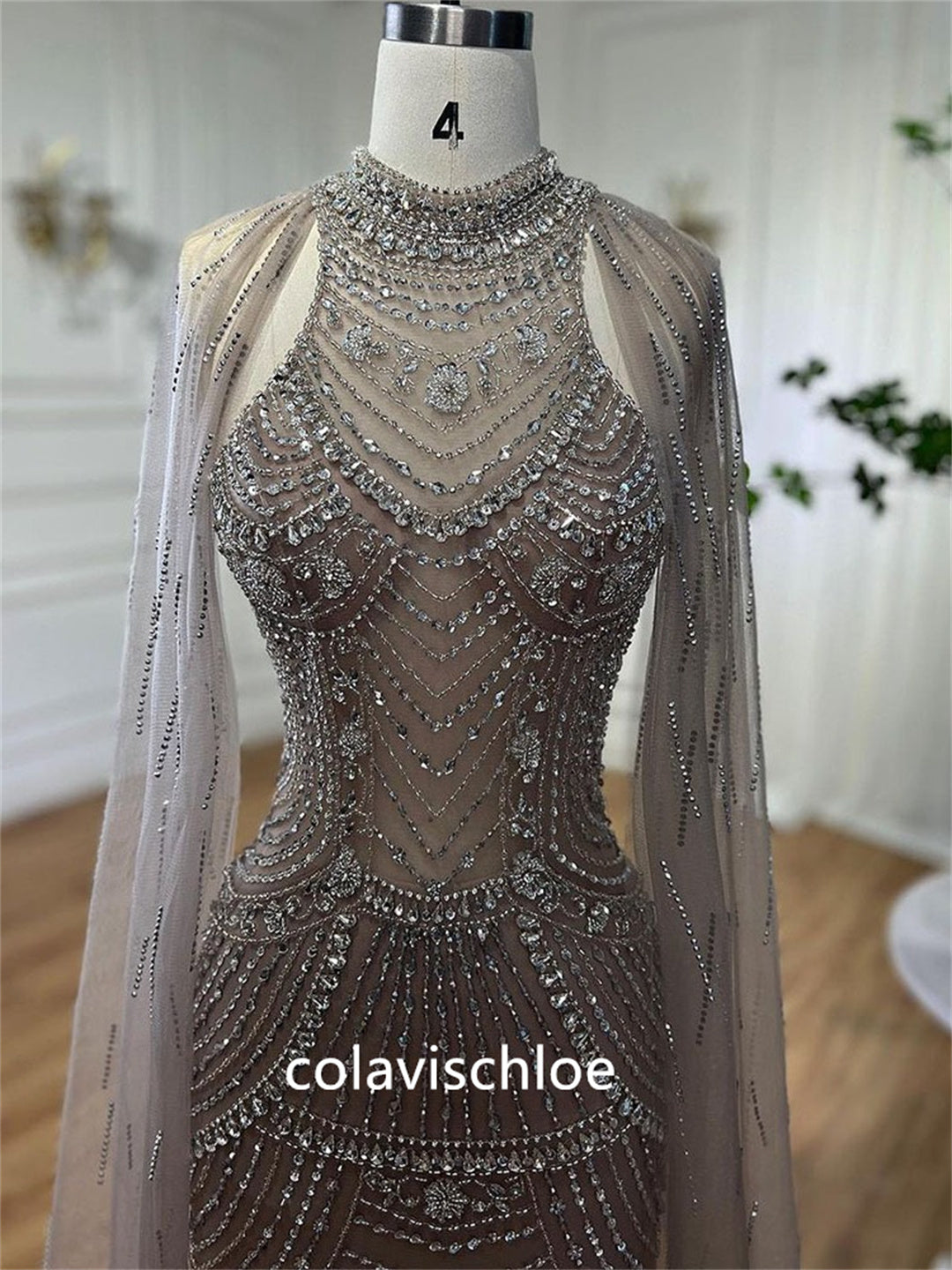 Luxury Caramel Color Beading Mermaid Prom Dress with Cape Sleeves