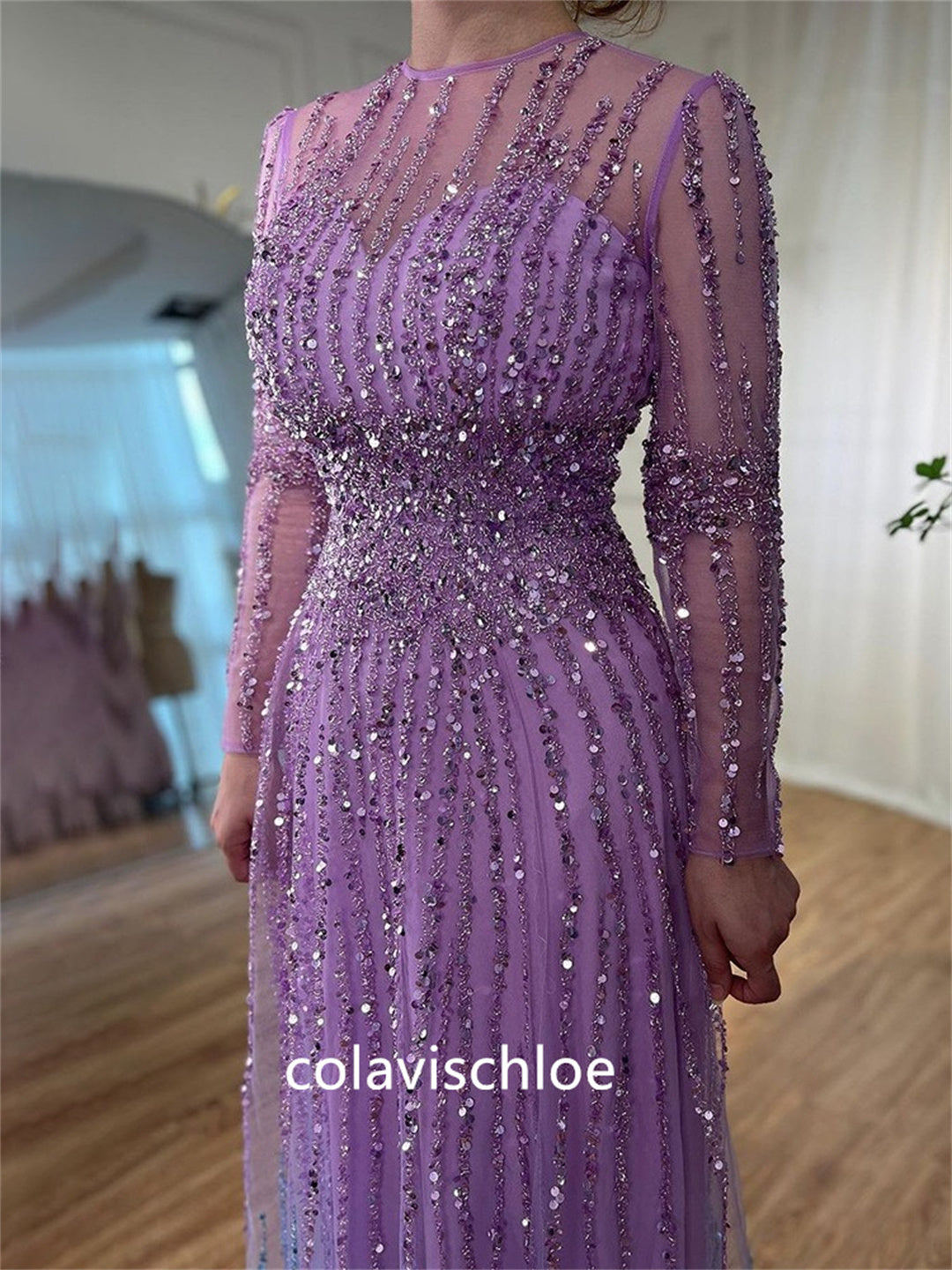 Luxury Purple O-Neck Beading Prom Dress with Long Sleeves