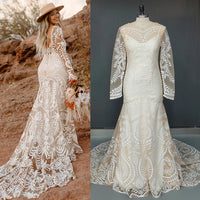 Champagne Backless Long Sleeves Lace Bhemian Wedding Dress