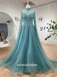 Luxury High Neck Green Beading A-Line Prom Dress with Cape Sleeves