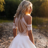 Bohemian Cutout Lace Halter Wedding Dress A Line Racerback Pearls Closure Custom Made Beach