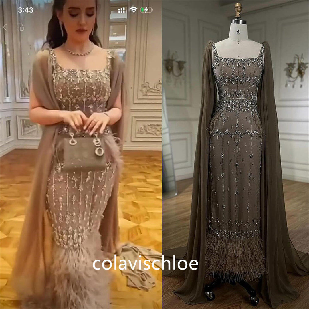 Luxury Square Neck Champagne Beading Feathers Mermaid Prom Dress