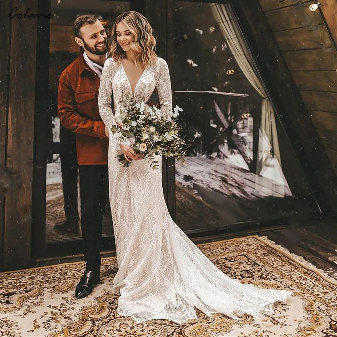 Long Sleeves Boho Floral Lace V Neck Outdoor Wedding Dress Elopement