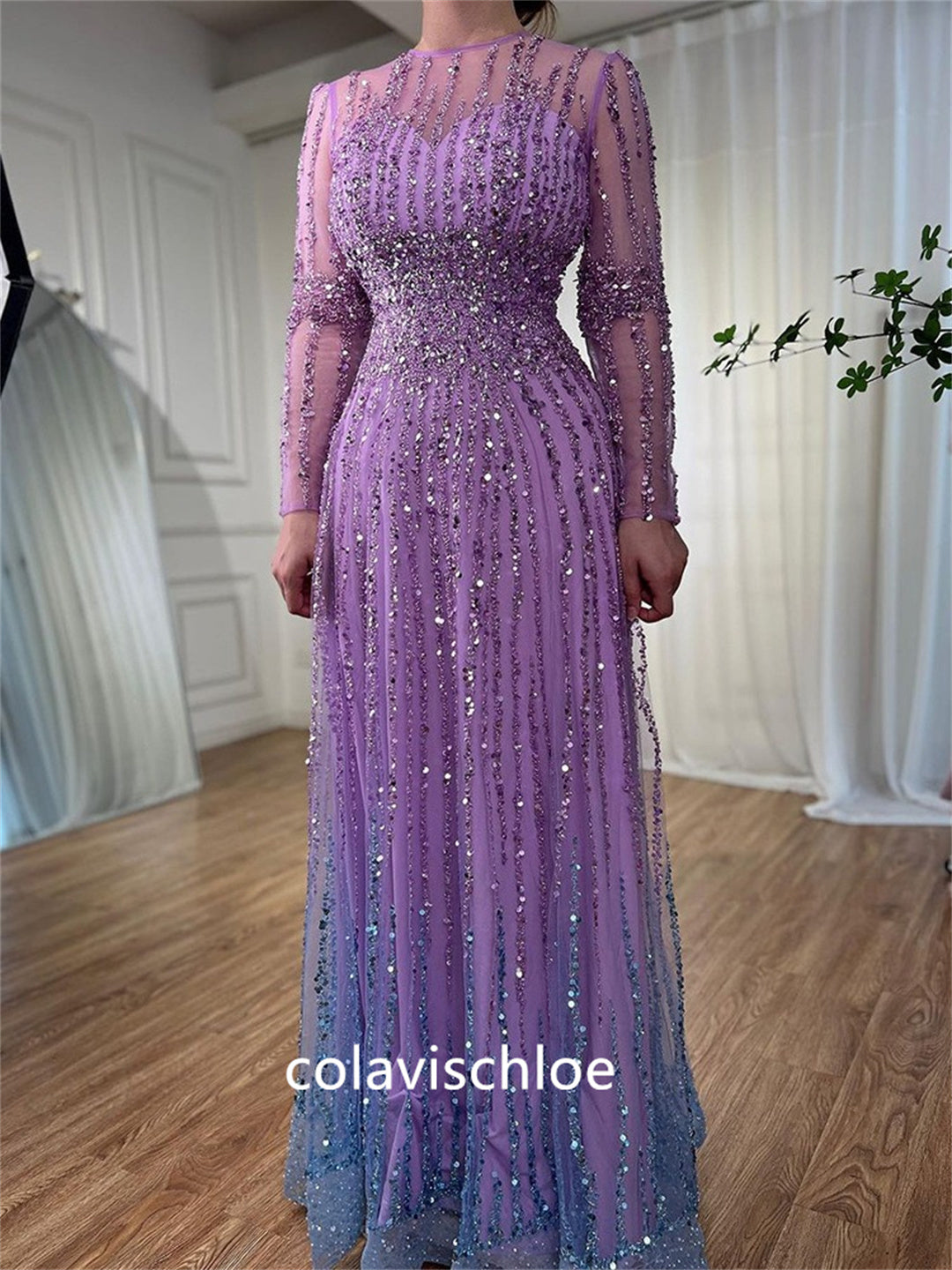 Luxury Purple O-Neck Beading Prom Dress with Long Sleeves