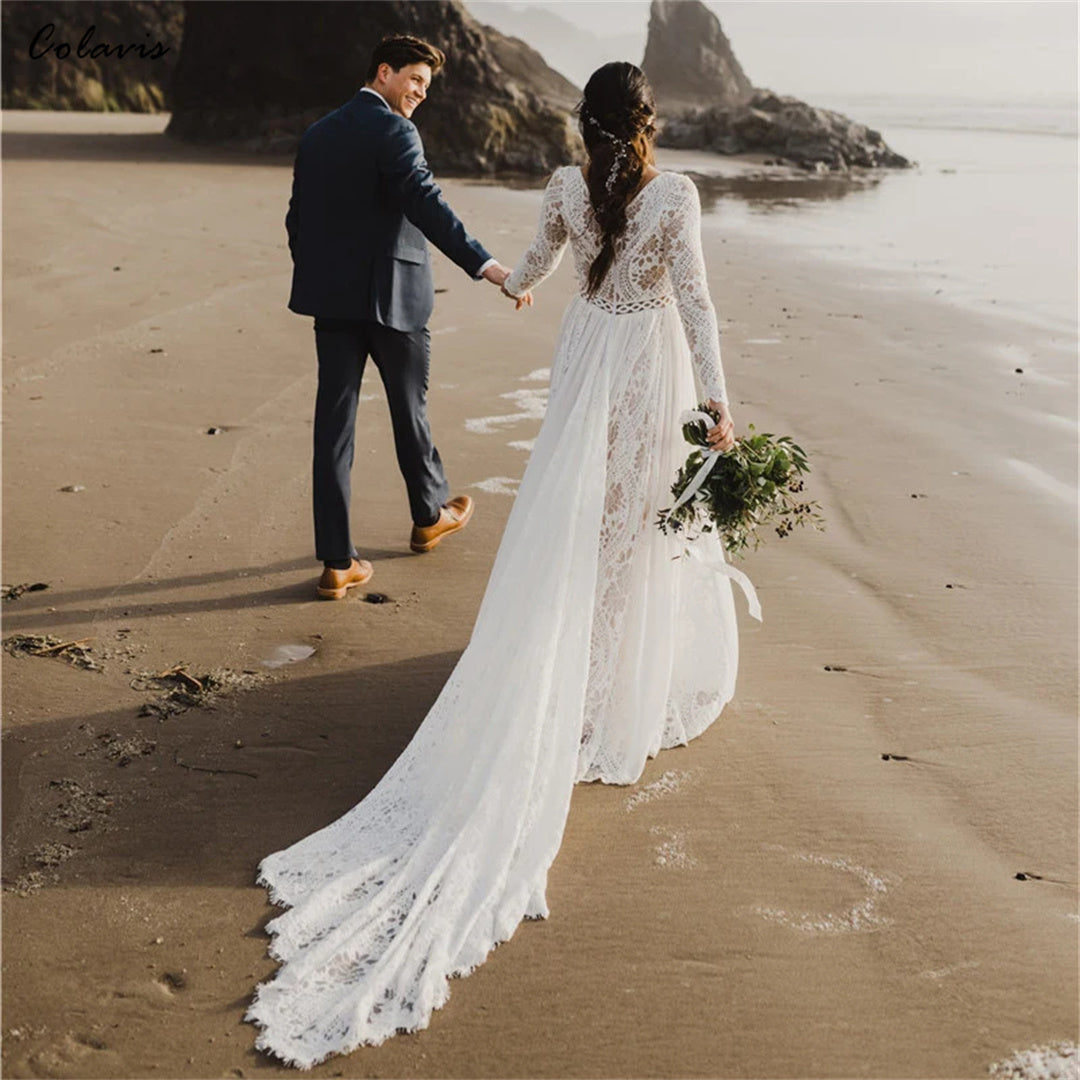 Hippie Boho Beach Elopement Backless Wedding Dress Chiffon Seaside