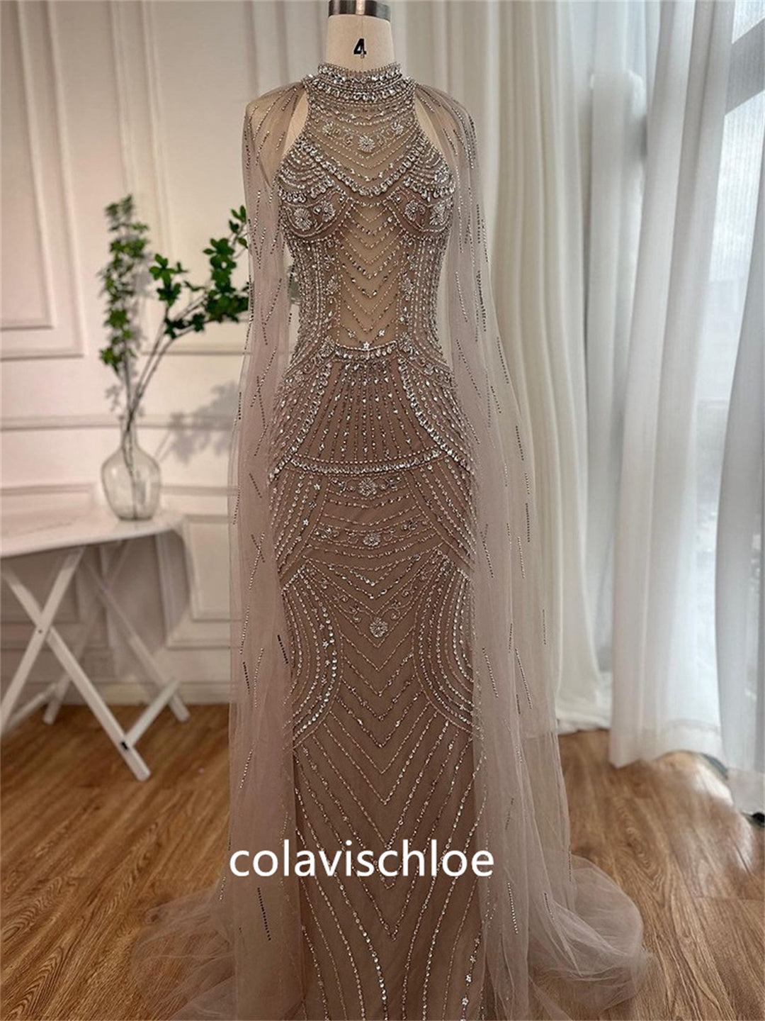 Luxury Caramel Color Beading Mermaid Prom Dress with Cape Sleeves