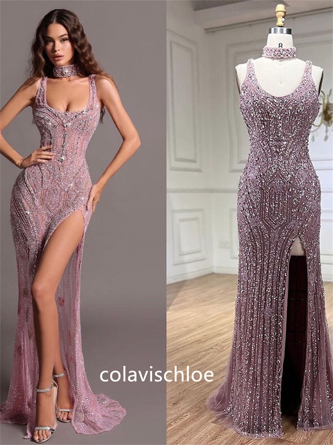 Luxury Spaghetti Straps Pink Beading Slit Mermaid Prom Dress