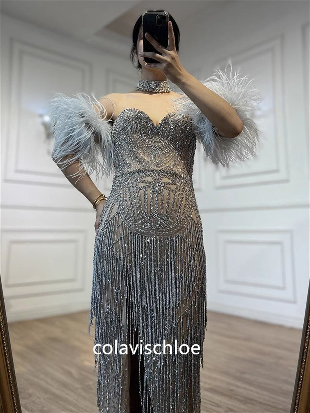 Luxury Dubai Beading Slit Mermaid Feathers Prom Dress