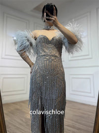 Luxury Dubai Beading Slit Mermaid Feathers Prom Dress