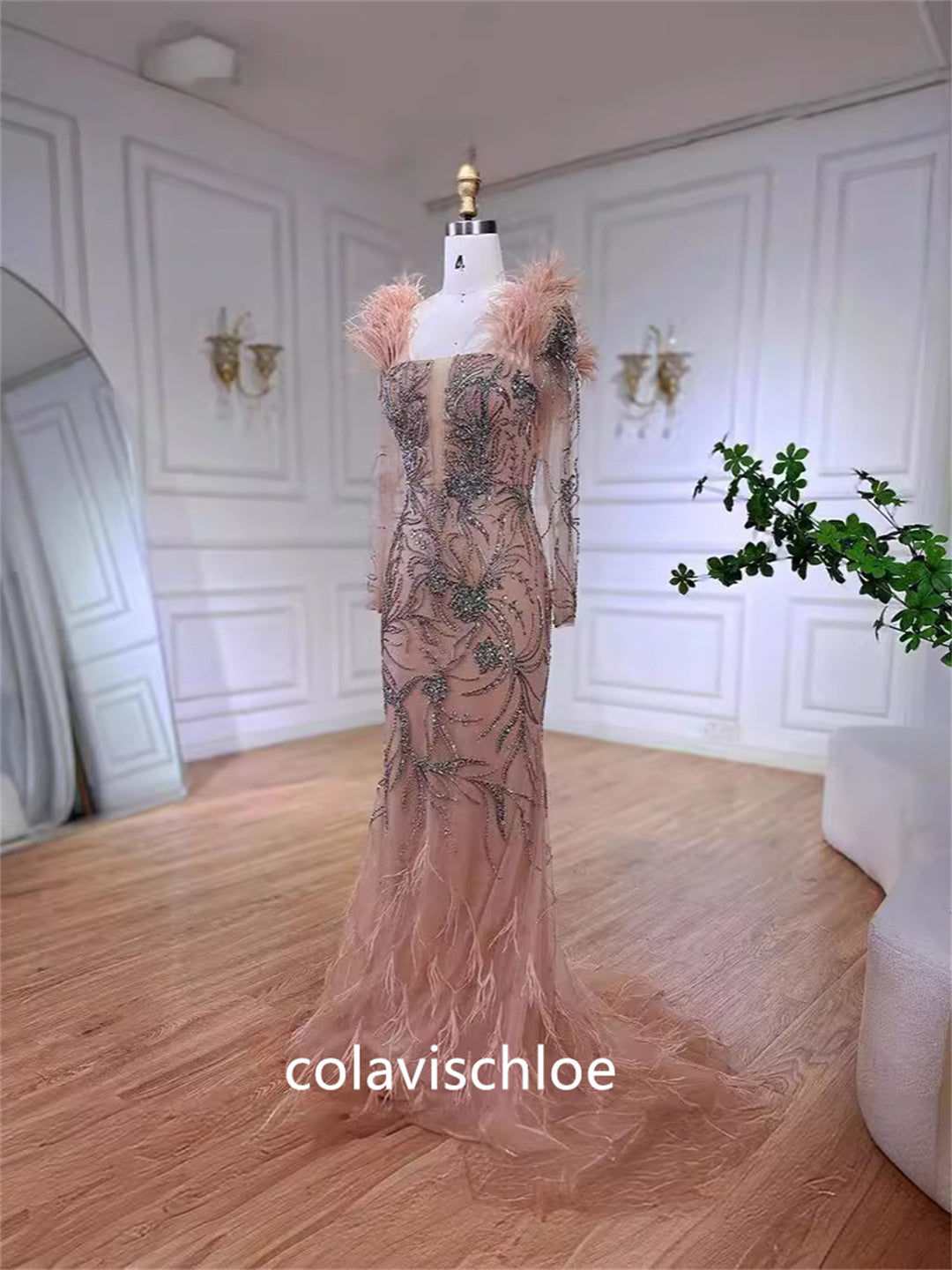 Luxury Square Neck Feathers Beading Champagne Mermaid Prom Dress