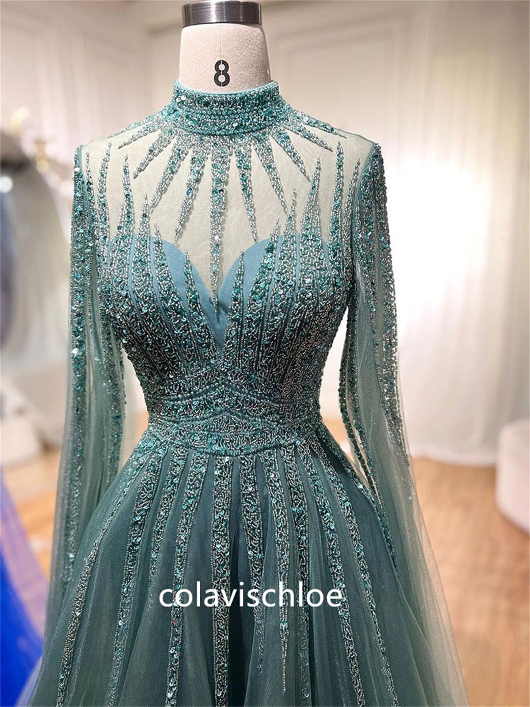 Luxury High Neck Green Beading A-Line Prom Dress with Cape Sleeves