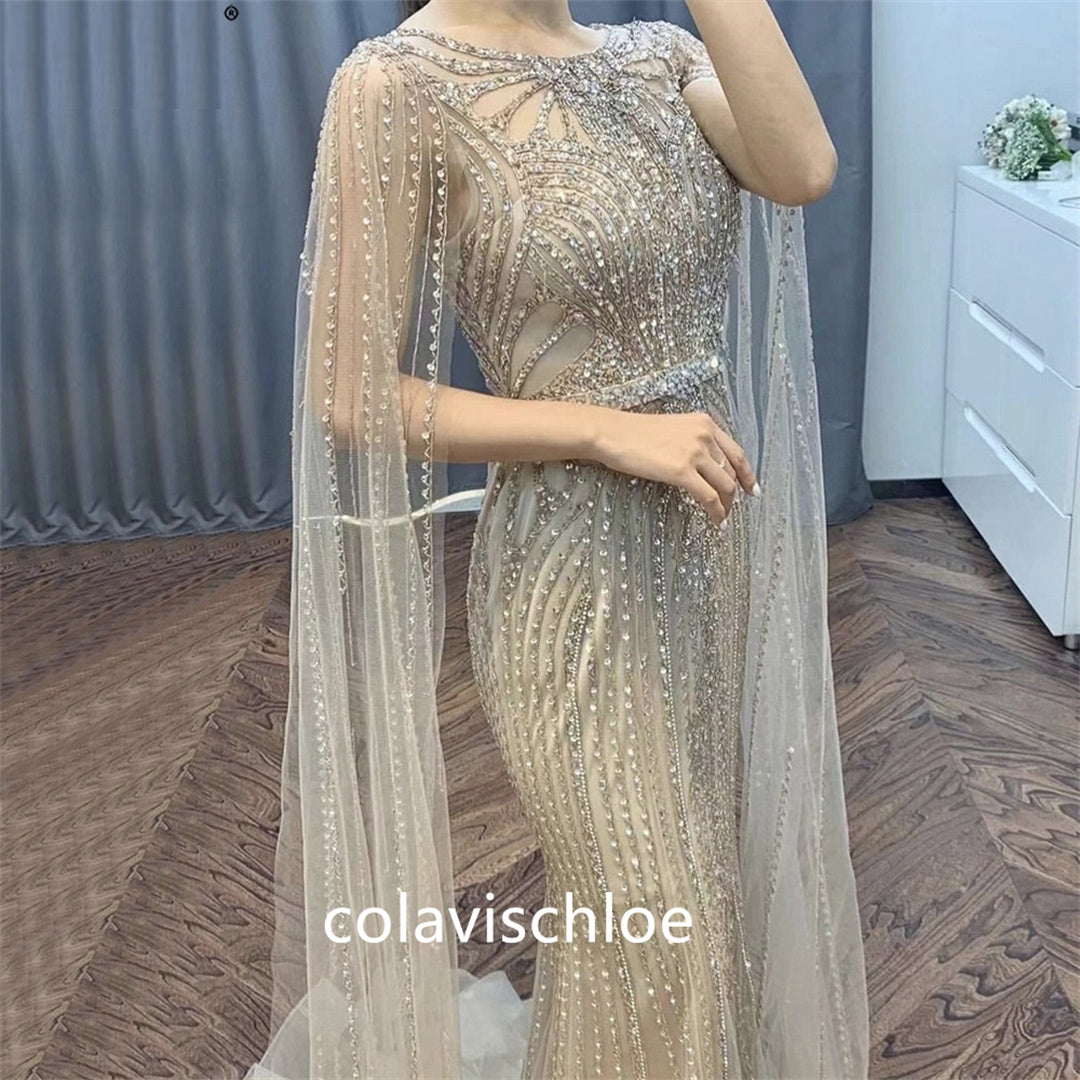 Luxury Boat Neck Beading Mermaid Prom Dress with Cape Sleeves