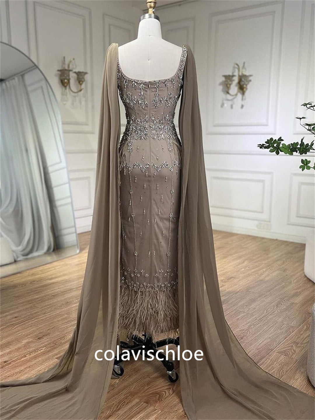 Luxury Square Neck Champagne Beading Feathers Mermaid Prom Dress