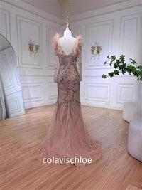 Luxury Square Neck Feathers Beading Champagne Mermaid Prom Dress