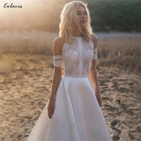 Bohemian Cutout Lace Halter Wedding Dress A Line Racerback Pearls Closure Custom Made Beach