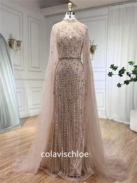 Luxury High Neck Beading Slit Mermaid Prom Dress with Cape Sleeves