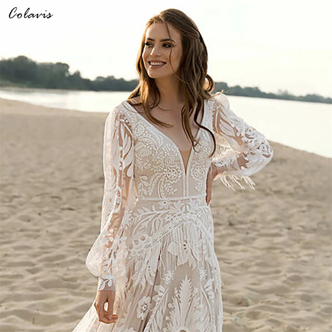 Custom Made A Line V Neck Tassel Bohemian Beach Modest Wedding Dress