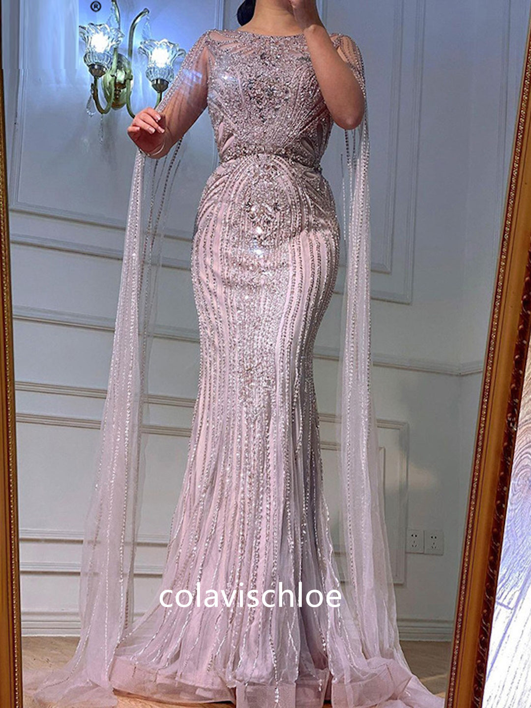 Luxury Boat Neck Beading Mermaid Prom Dress with Cape Sleeves