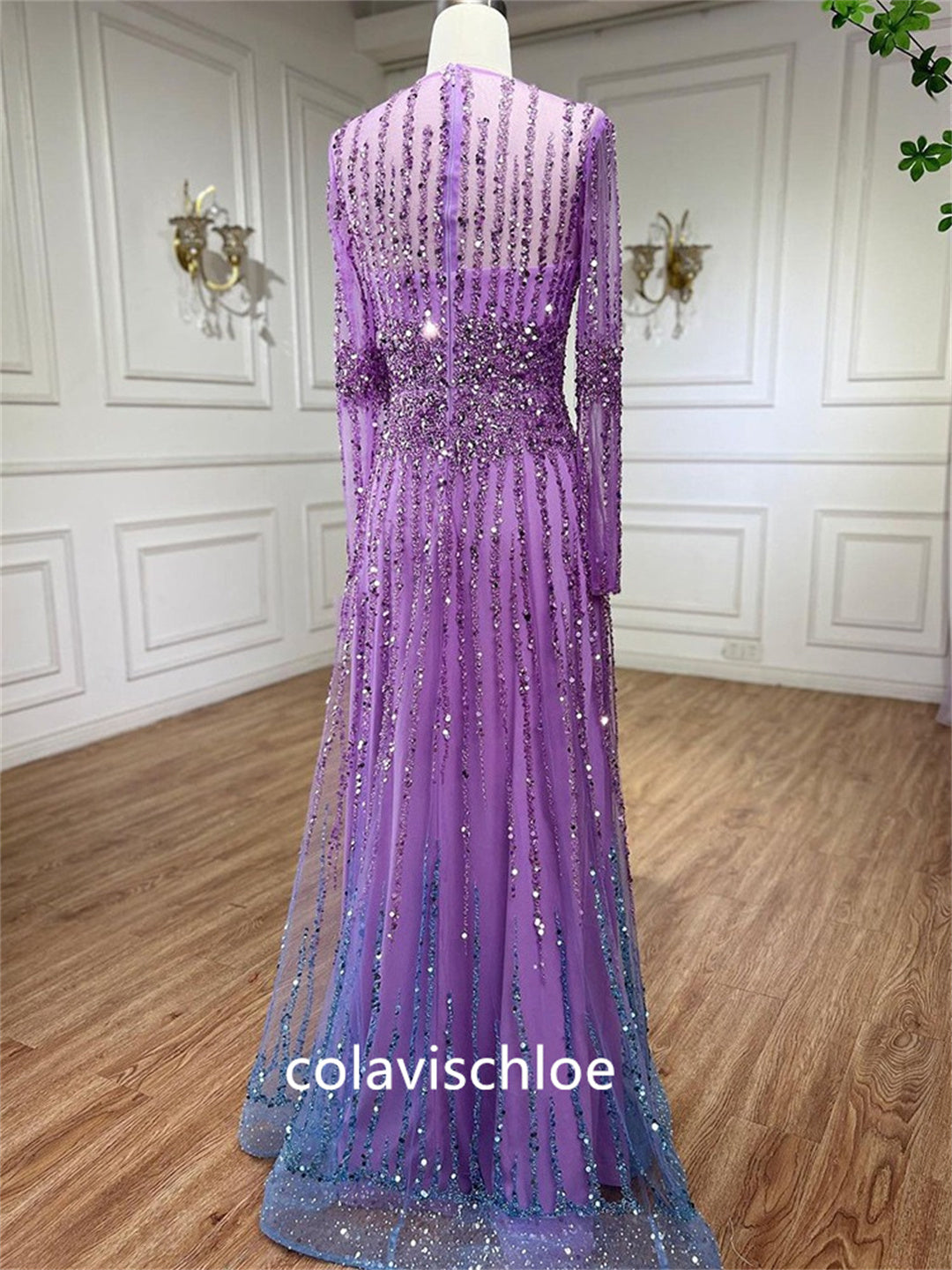 Luxury Purple O-Neck Beading Prom Dress with Long Sleeves