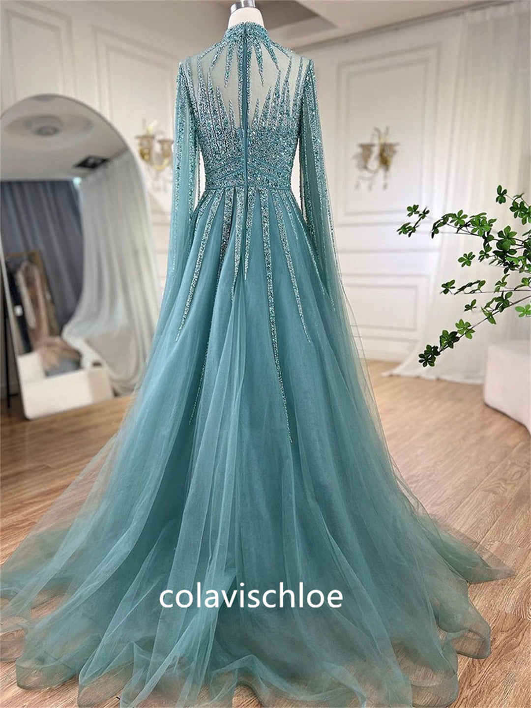 Luxury High Neck Green Beading A-Line Prom Dress with Cape Sleeves