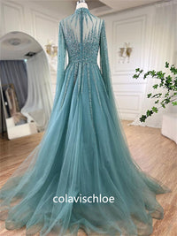 Luxury High Neck Green Beading A-Line Prom Dress with Cape Sleeves