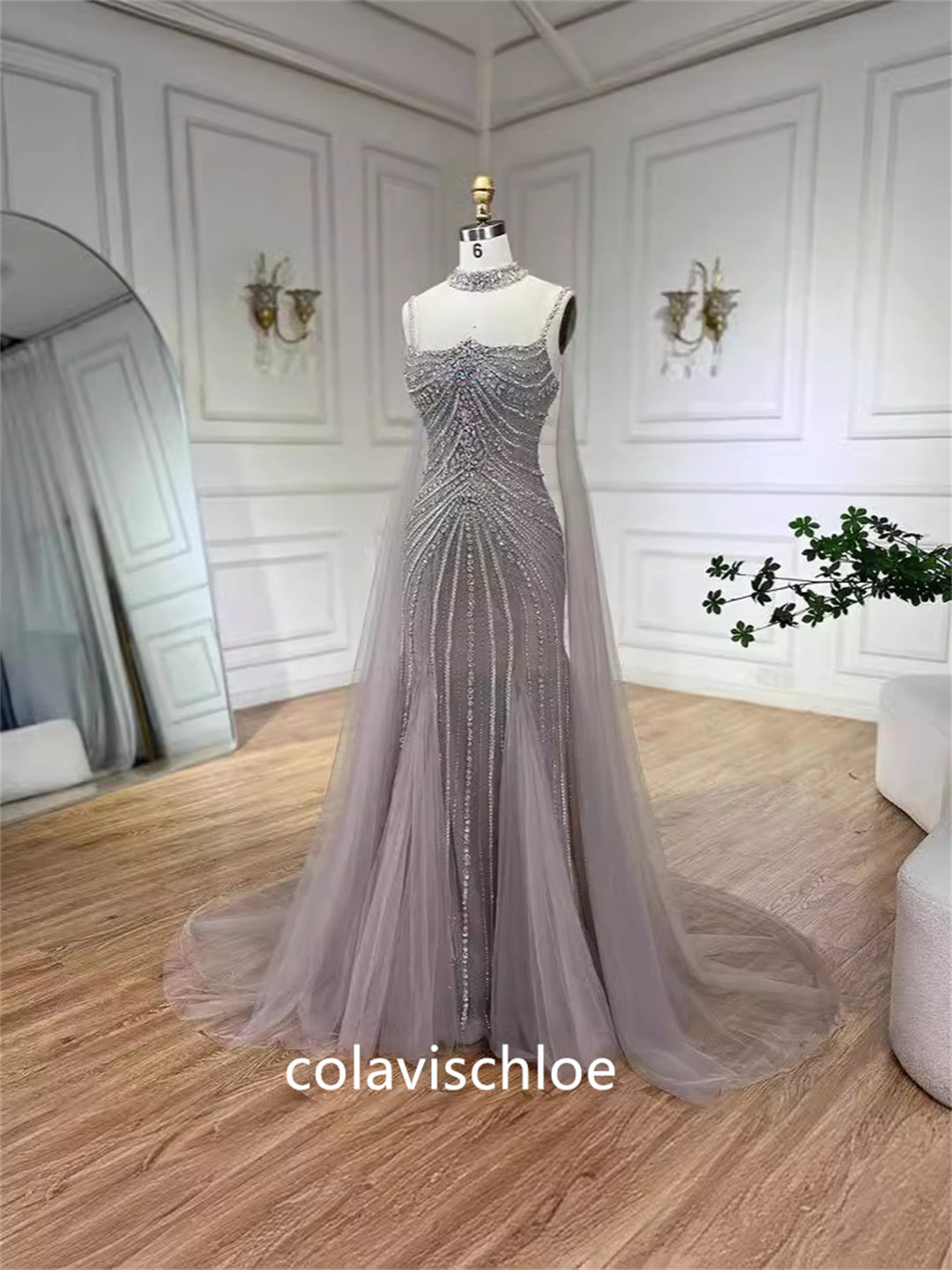 Luxury Square Neck Beading Mermaid Prom Dress with Cape