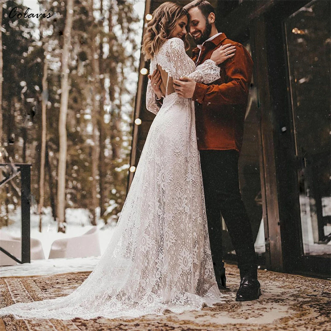 Long Sleeves Boho Floral Lace V Neck Outdoor Wedding Dress Elopement