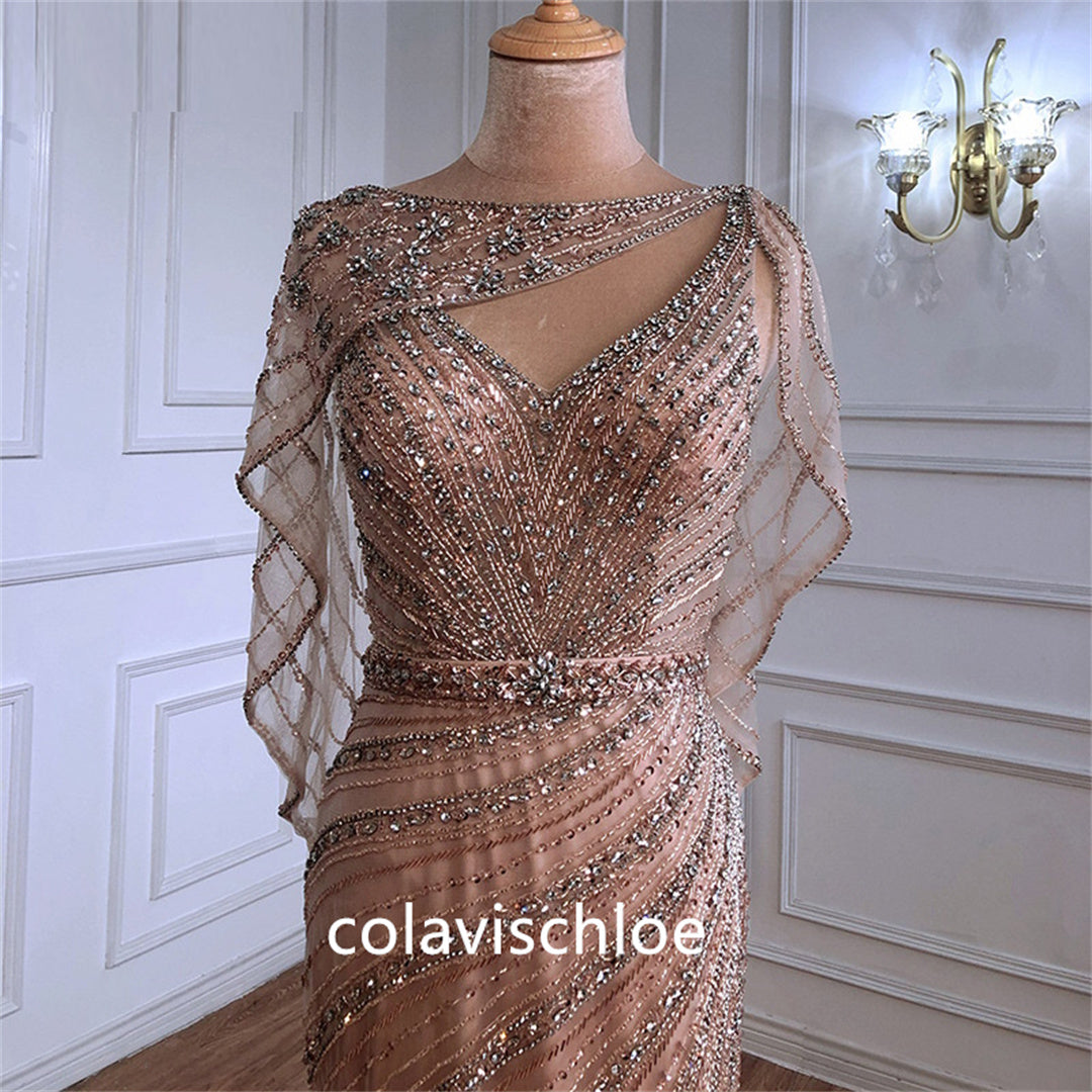 Luxury Dubai Boat Neck Pink Beading Mermaid Prom Dress