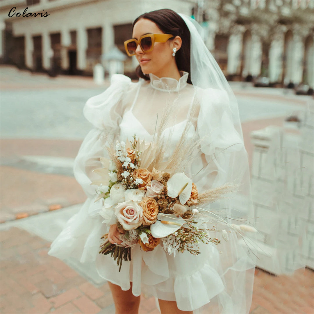 Mini Organza Long Bishop Sleeves Micro Wedding Dress Custom Made