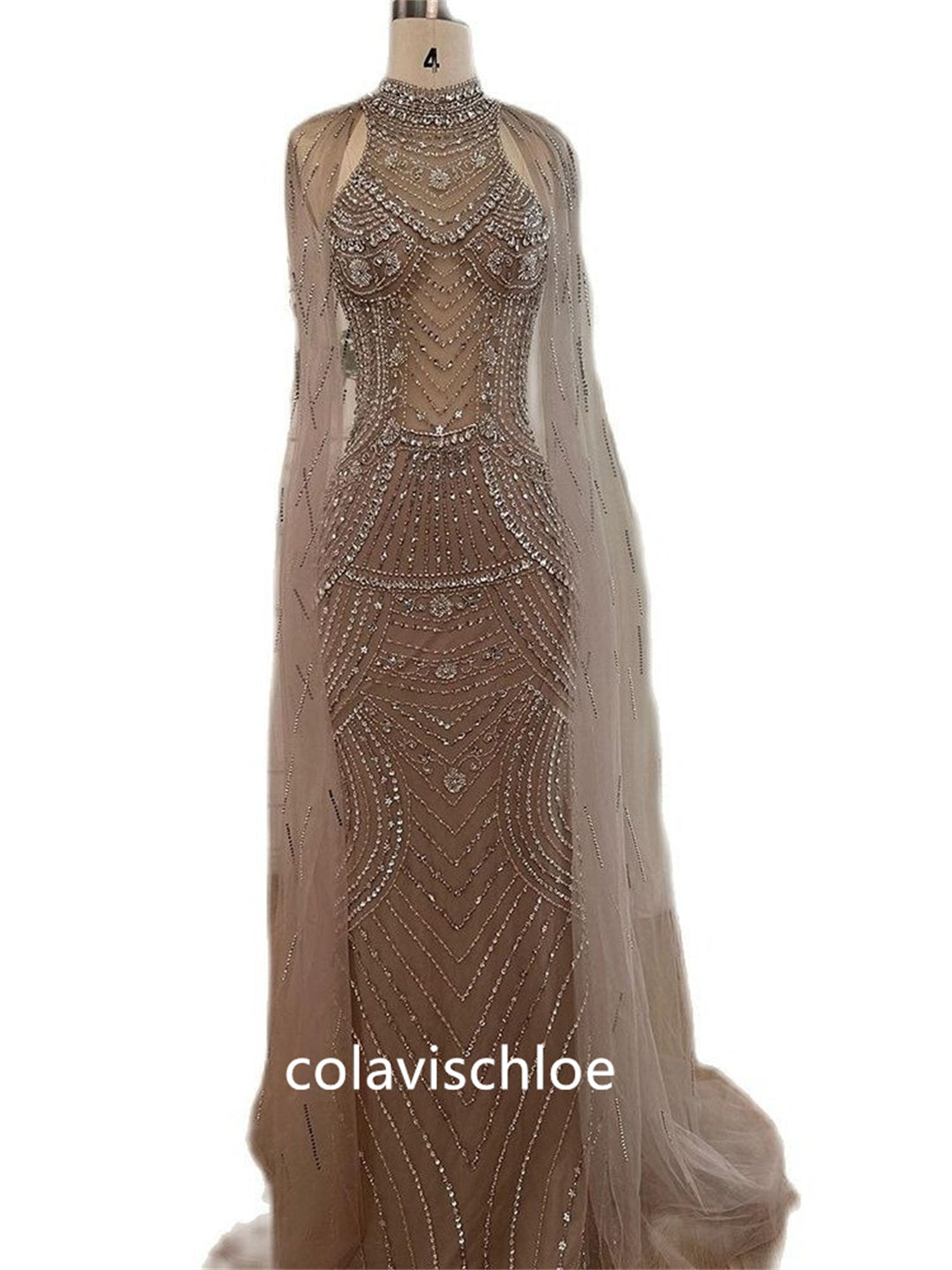 Luxury Caramel Color Beading Mermaid Prom Dress with Cape Sleeves