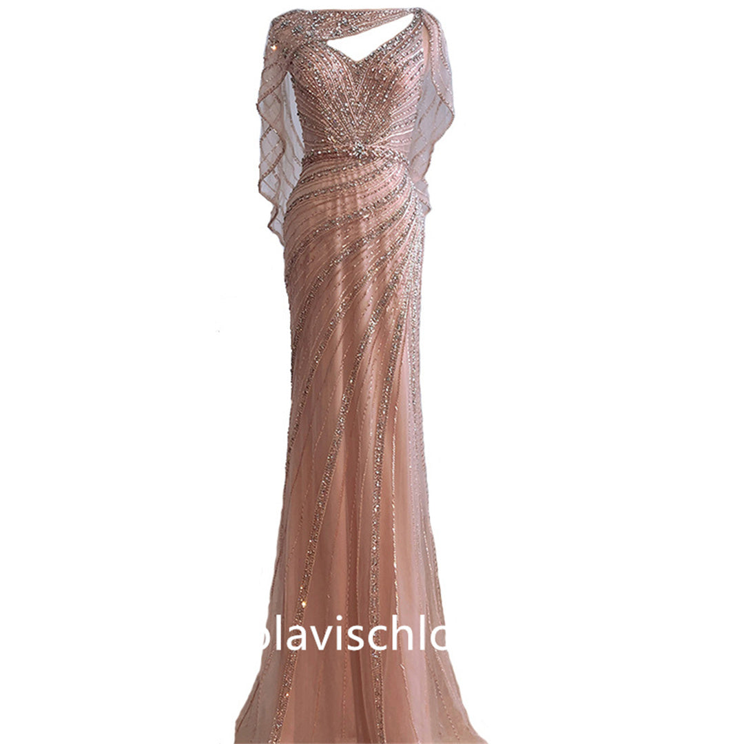 Luxury Dubai Boat Neck Pink Beading Mermaid Prom Dress