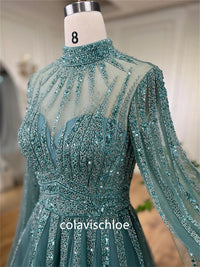 Luxury High Neck Green Beading A-Line Prom Dress with Cape Sleeves