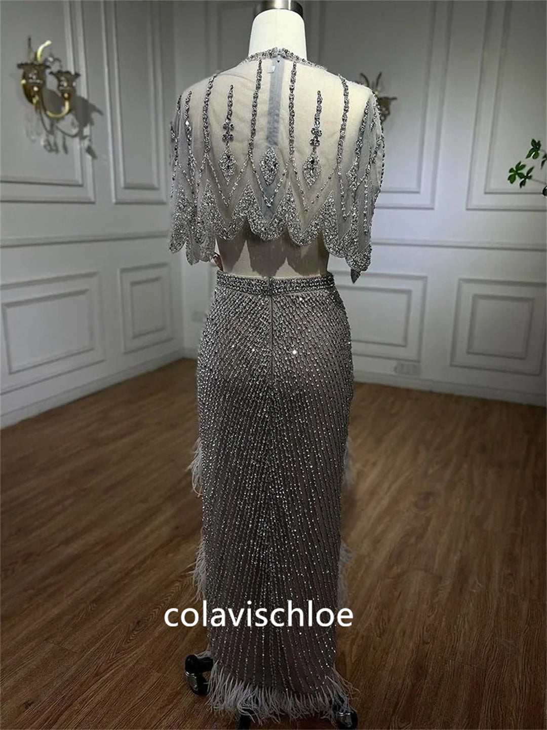 Silver Nude Slim-Fit Feather Shawl Long Prom Dress Hostess Performance Evening Gown