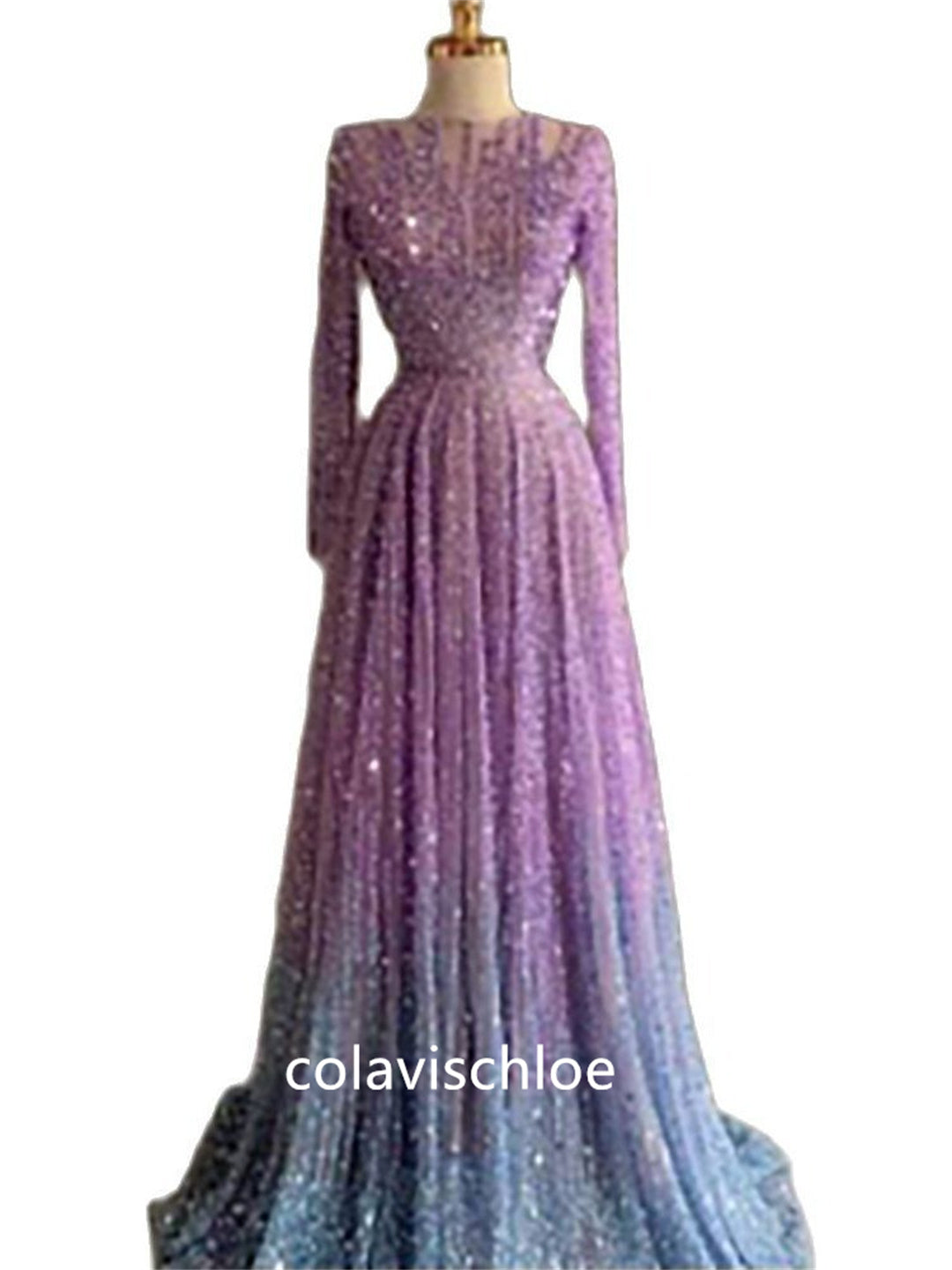 Luxury Purple O-Neck Beading Prom Dress with Long Sleeves