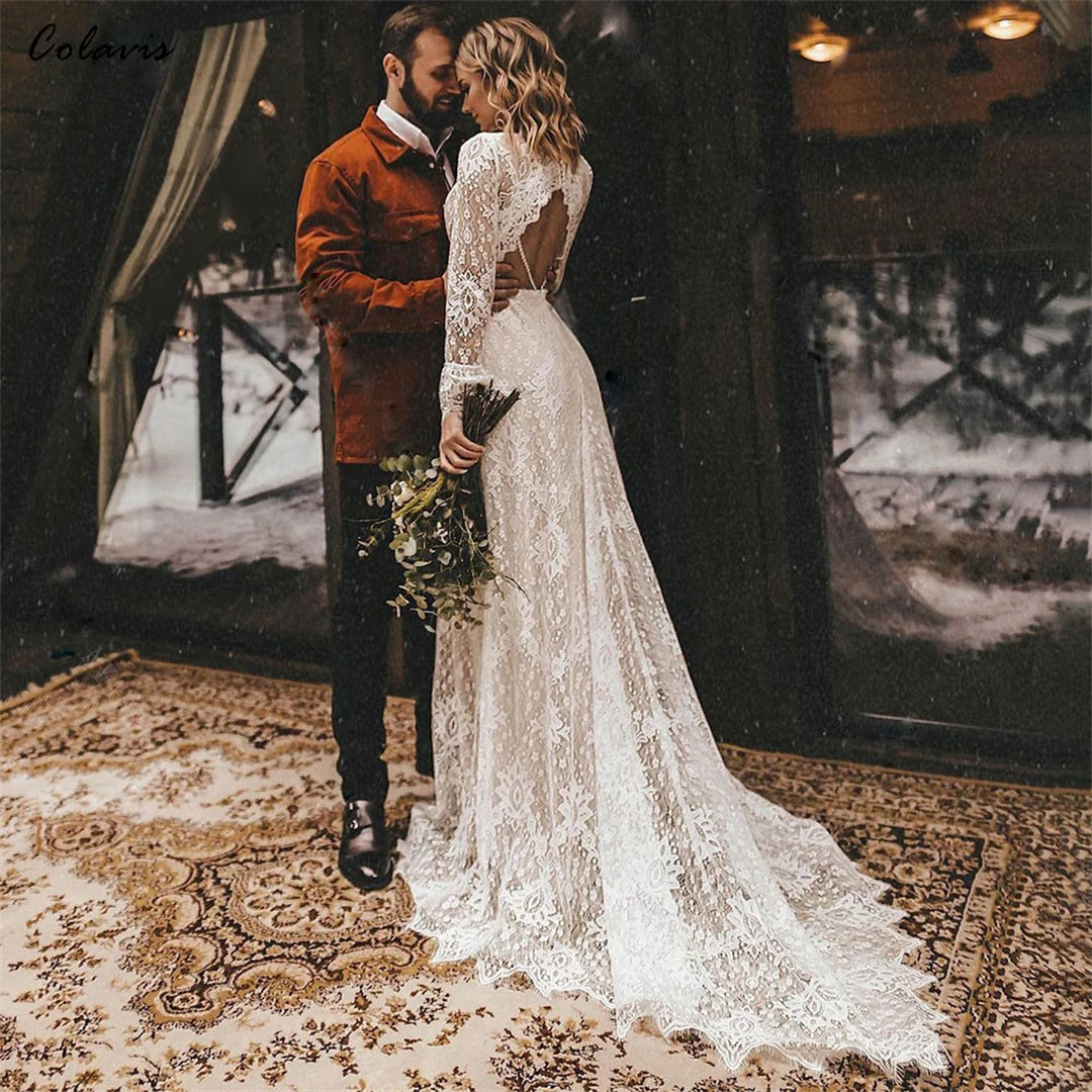 Long Sleeves Boho Floral Lace V Neck Outdoor Wedding Dress Elopement