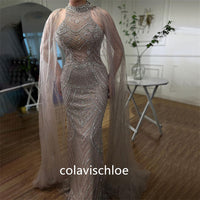 Luxury Caramel Color Beading Mermaid Prom Dress with Cape Sleeves