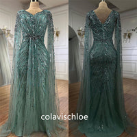 Colavis Luxury V-Neck Beading Slit Mermaid Prom Dress with Cape Sleeves