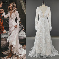 Long Sleeves Boho Floral Lace V Neck Outdoor Wedding Dress Elopement