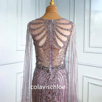 Luxury Boat Neck Beading Mermaid Prom Dress with Cape Sleeves