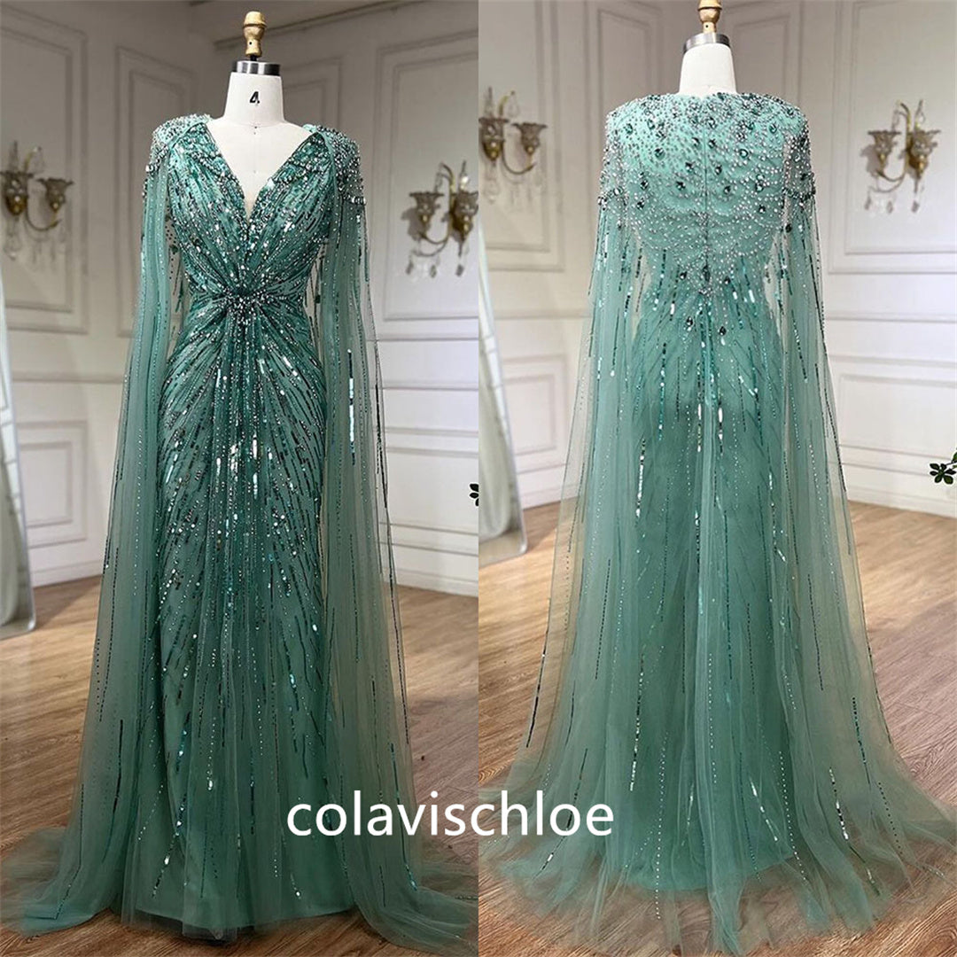 Colavis Luxury V-Neck Beading Slit Mermaid Prom Dress with Cape Sleeves