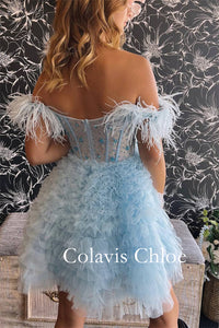 A Line Off the Shoulder Light Blue Short Homecoming Dress with Feather