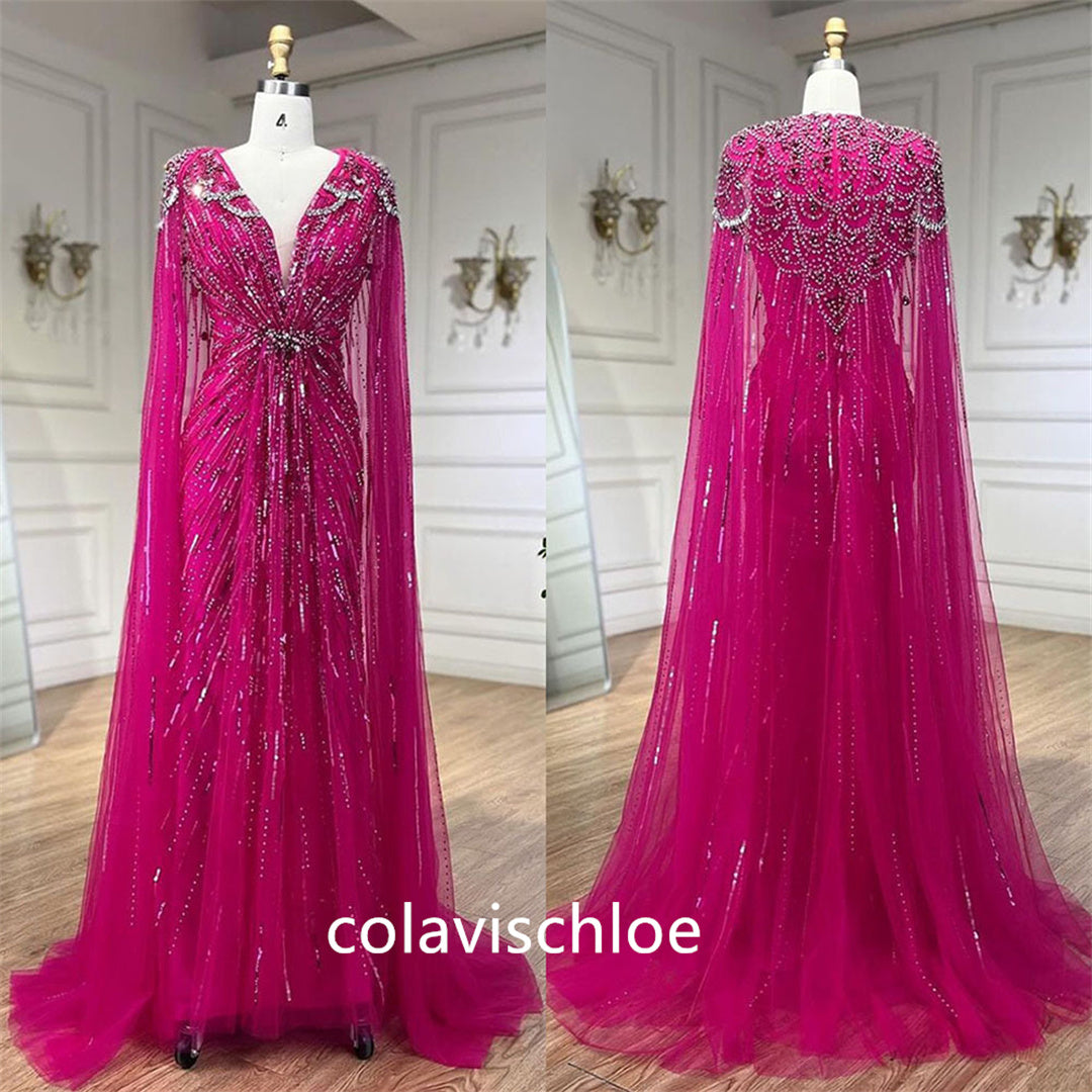 Colavis Luxury V-Neck Beading Slit Mermaid Prom Dress with Cape Sleeves