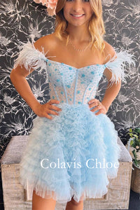 A Line Off the Shoulder Light Blue Short Homecoming Dress with Feather