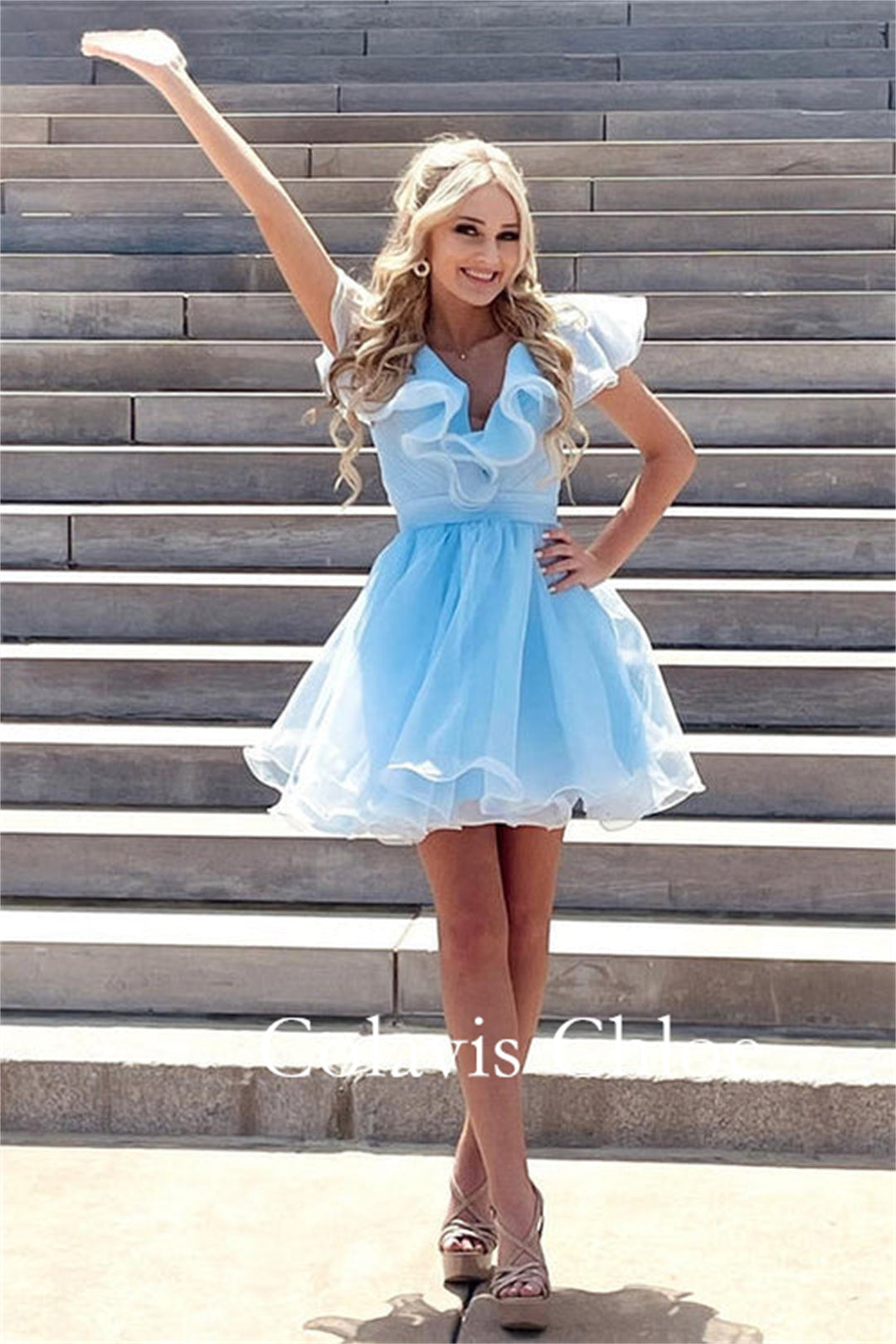 A Line V Neck Organza Ruffles Homecoming Dress