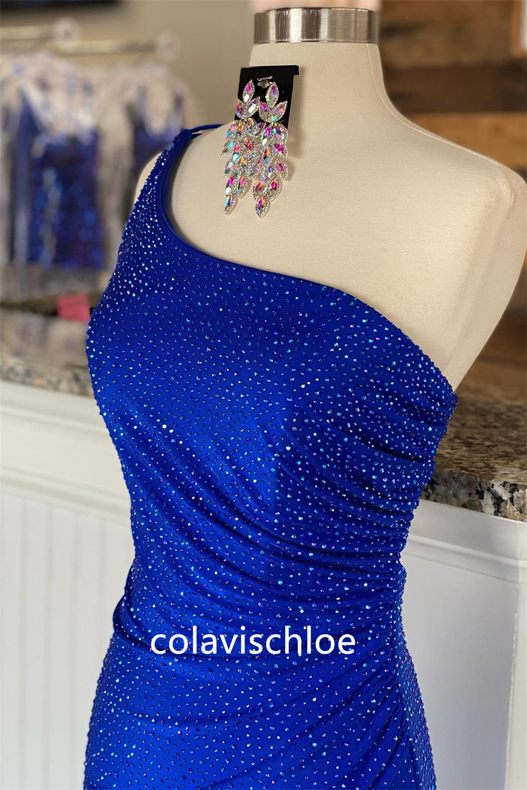 Mermaid One Shoulder Beaded Jersey Prom Dress with Slit