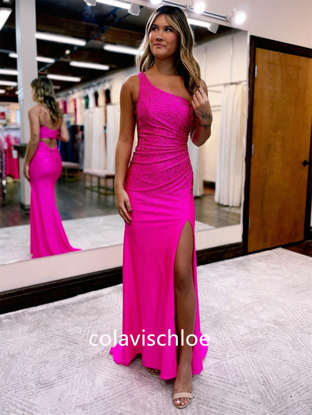 Mermaid One Shoulder Beaded Jersey Prom Dress with Slit